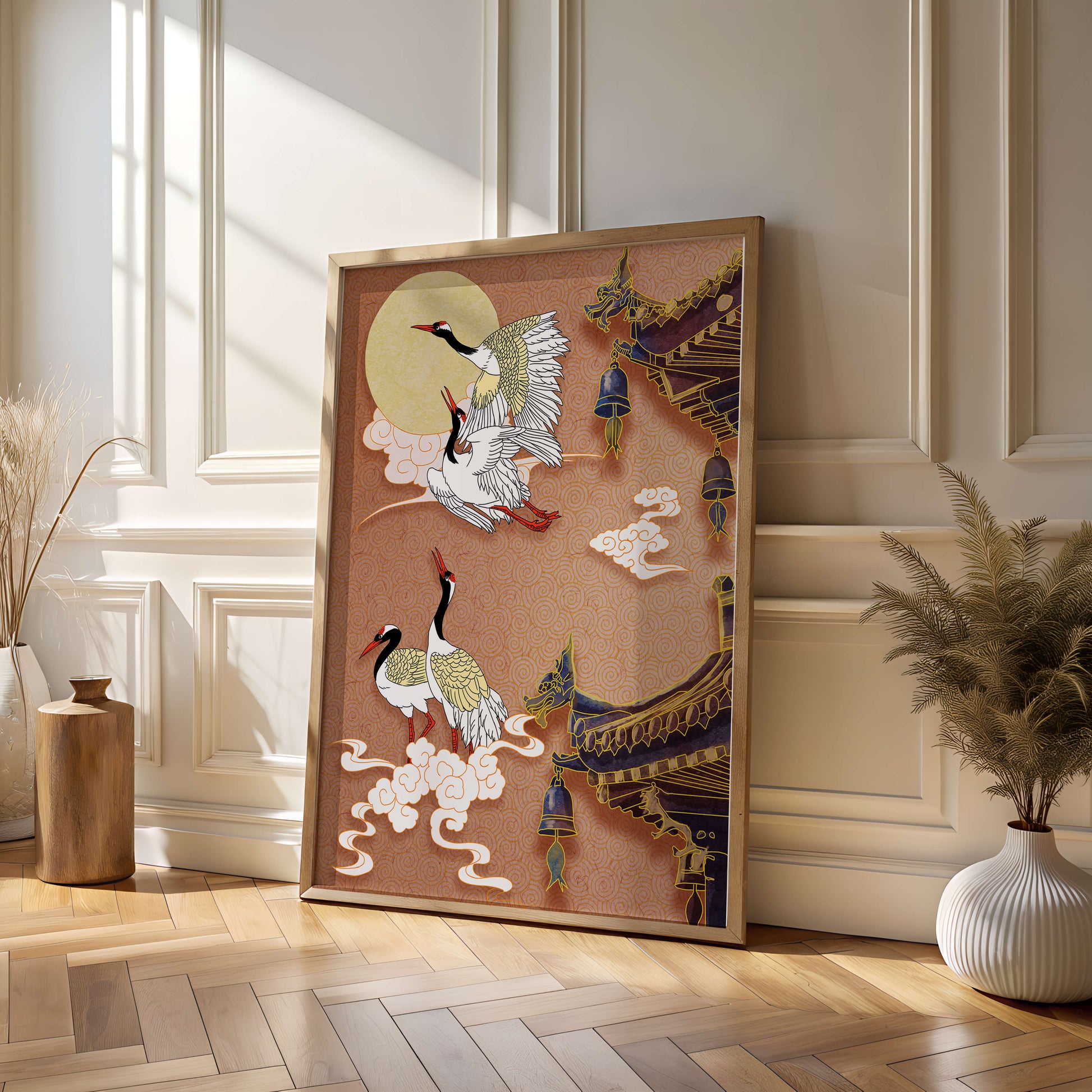 Oriental crane art with golden accents and architectural design