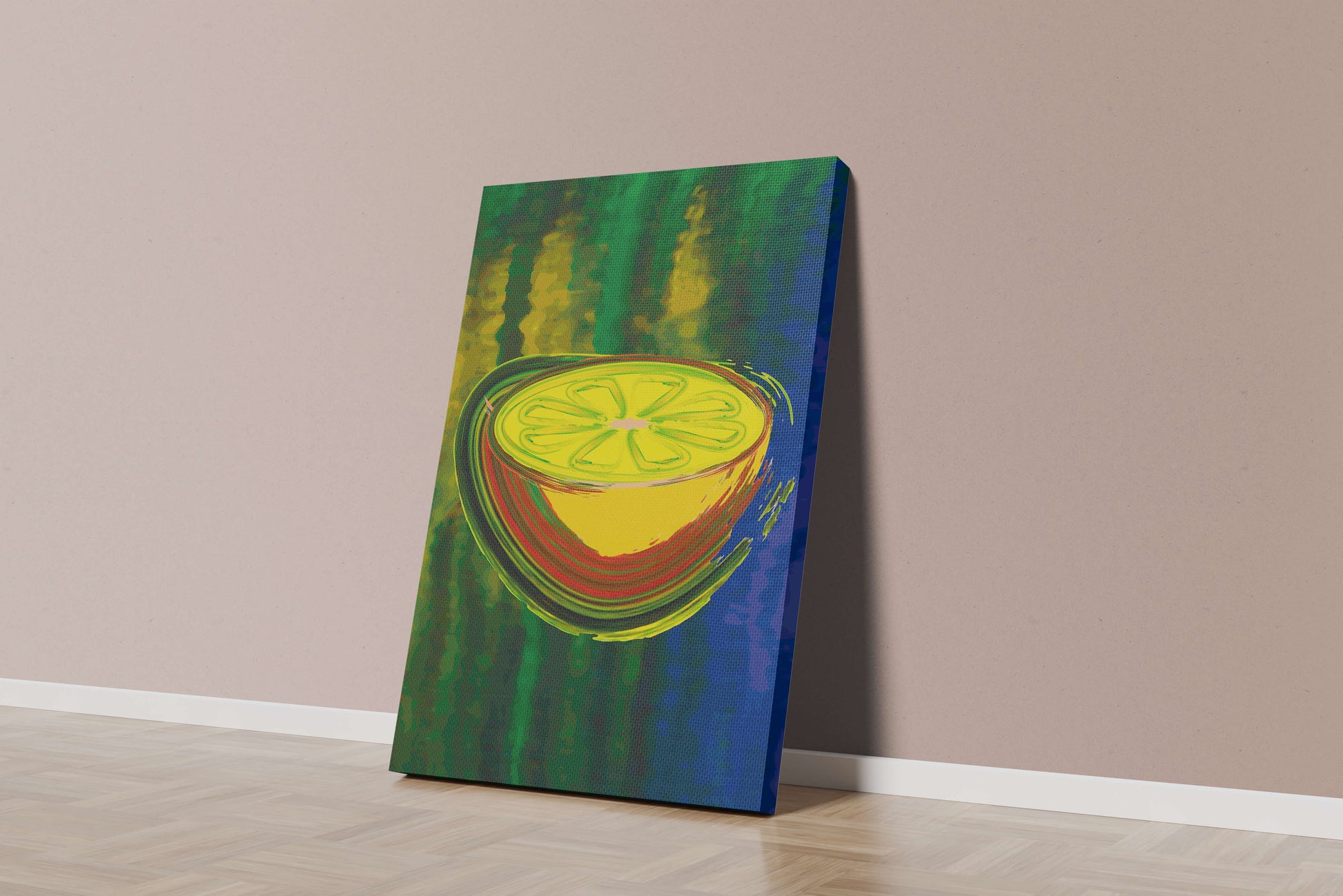 Vibrant abstract lemon slice with a colorful background