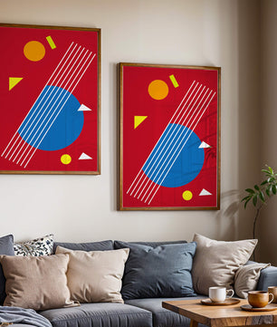 Formas geométricas abstractas con colores y líneas audaces