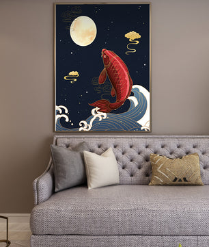 Traditional Japanese koi fish art with moonlit waves and clouds