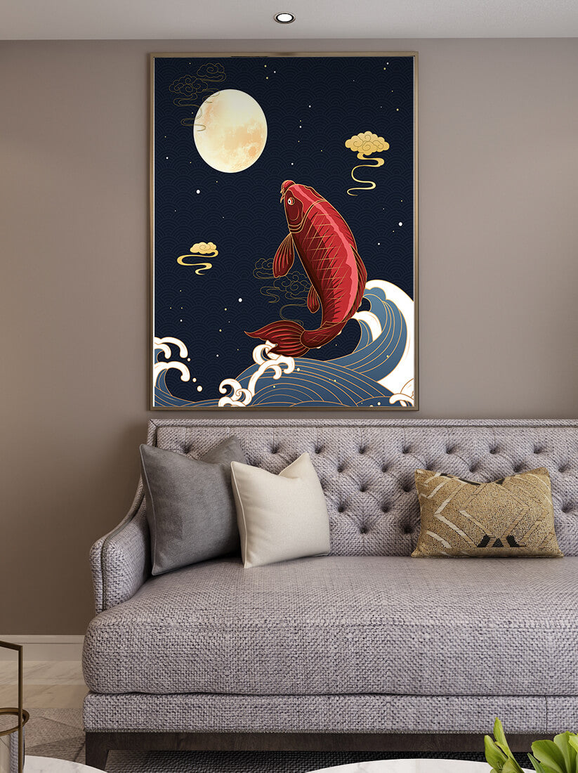 Traditional Japanese koi fish art with moonlit waves and clouds