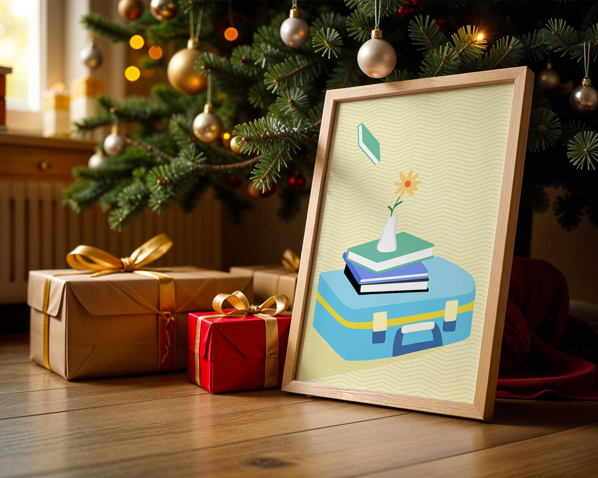 Colorful still life with books, flower vase, and suitcase