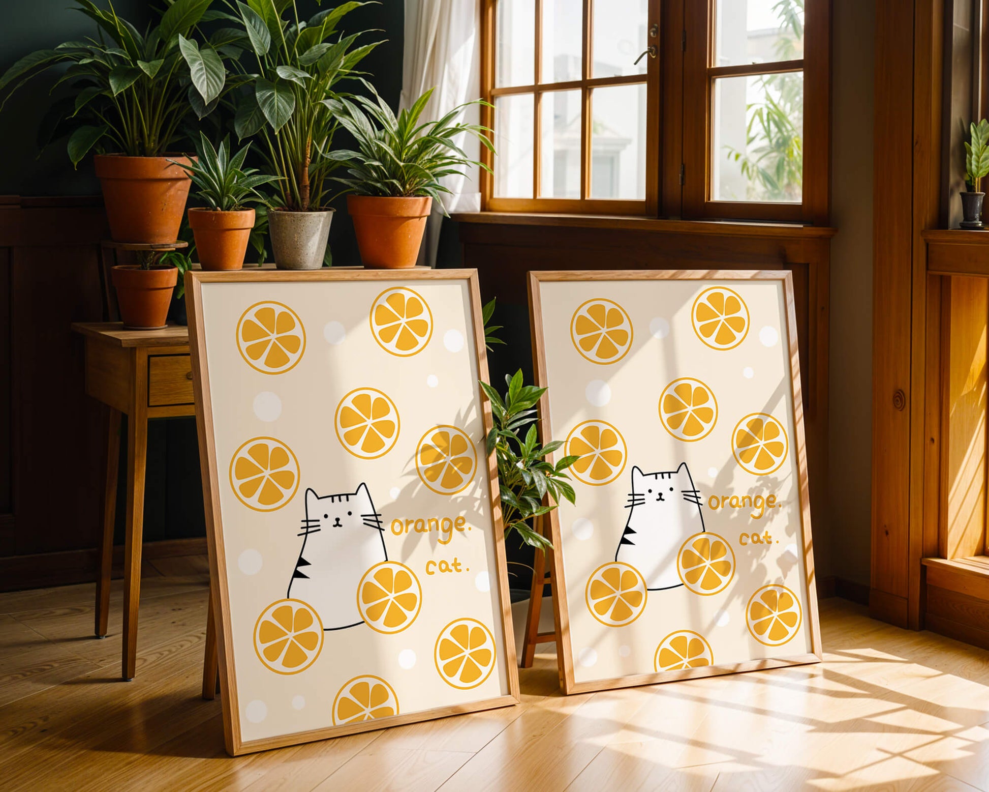 Playful illustration featuring a cat and orange slices