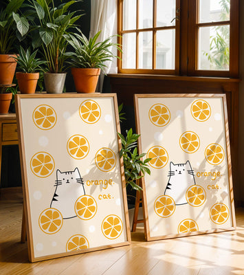Playful illustration featuring a cat and orange slices