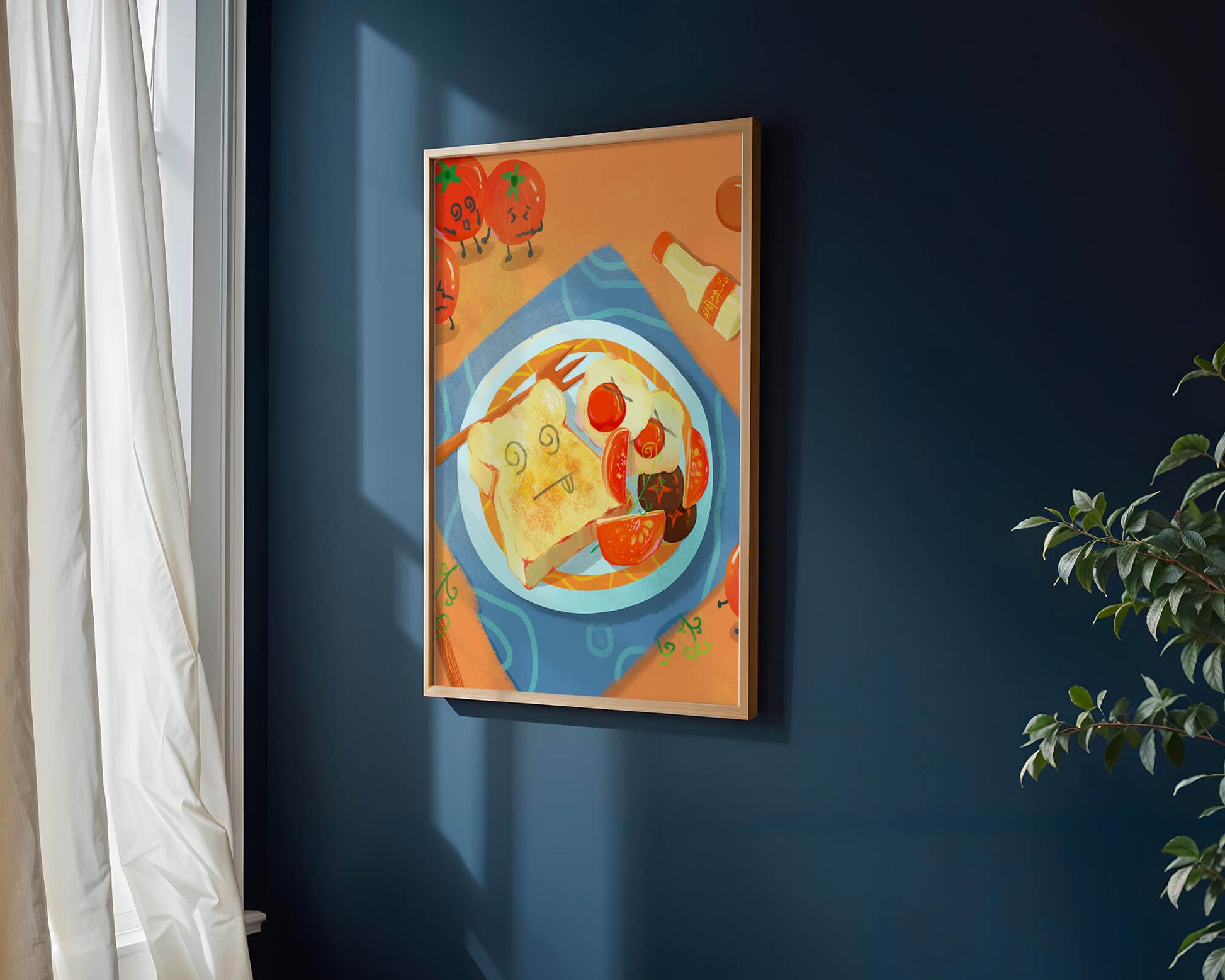 Desayuno caprichoso con tomates animados y tostadas en un plato brillante