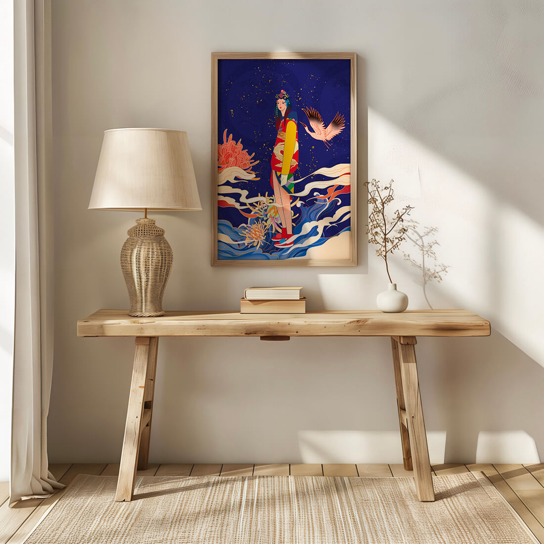Elegant fusion of traditional and modern art with floral and avian elements