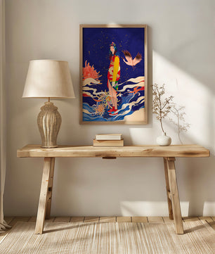 Fusion élégante d’art traditionnel et moderne avec des éléments floraux et aviaires