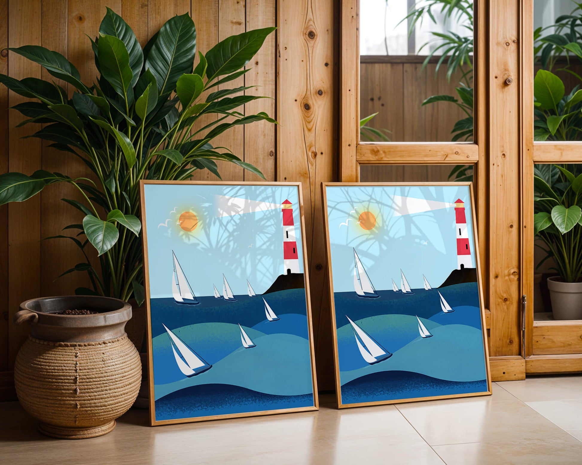 Coastal scene with sailboats and lighthouse on a bright sunny day