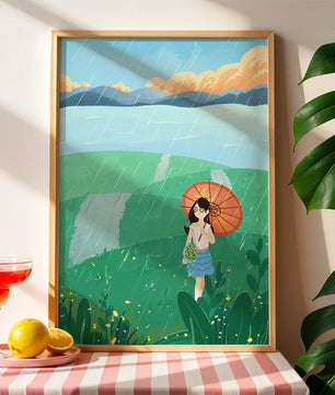 Girl with Umbrella in Rainy Meadow