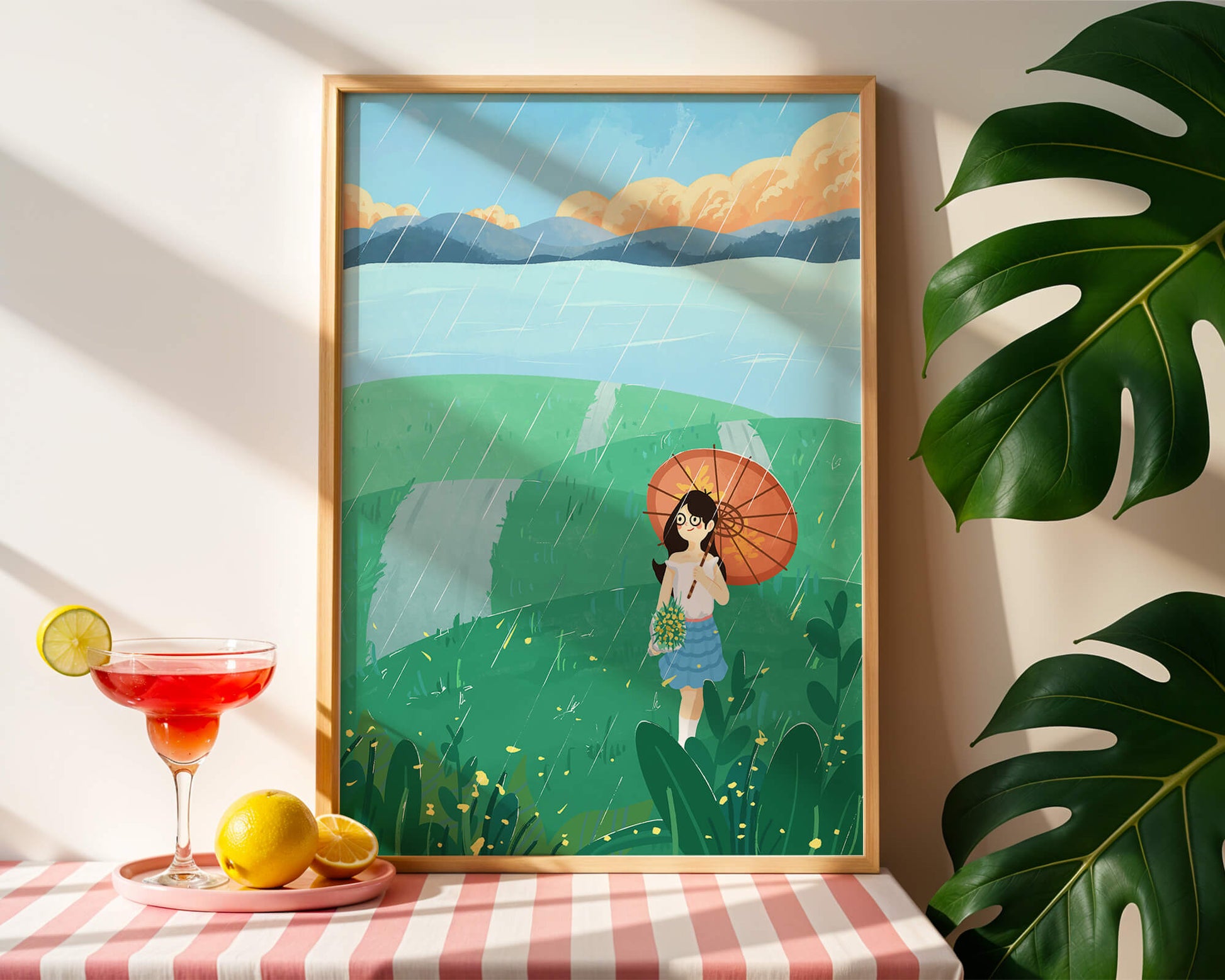 Girl with Umbrella in Rainy Meadow