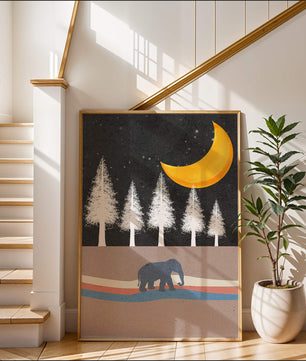 Serene Night Scene with Elephant Under Golden Moon in Forest - Mi tienda