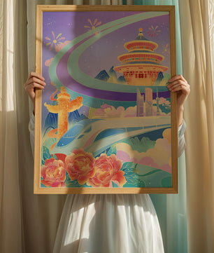Colorful futuristic landscape with traditional Chinese architecture and high-speed train