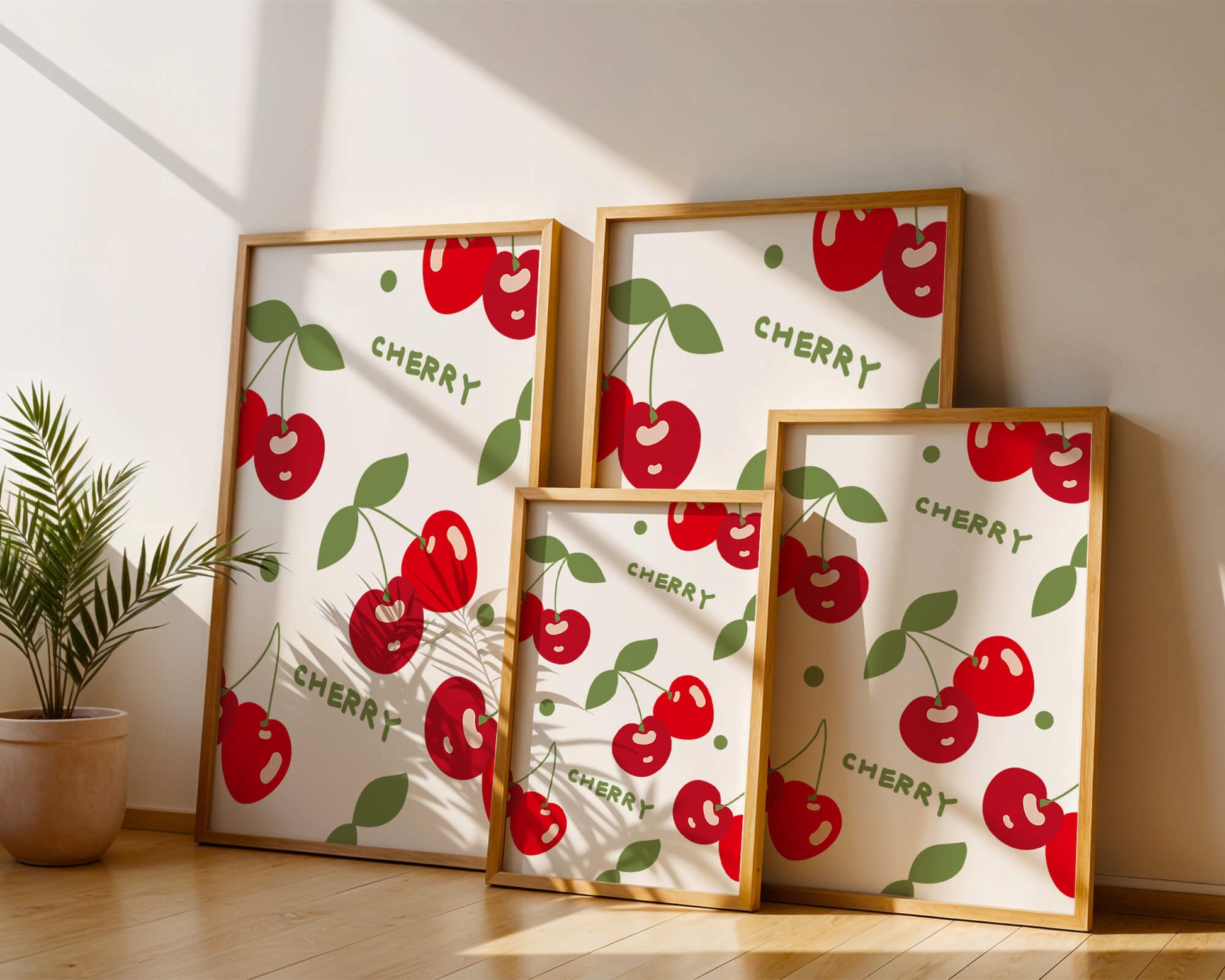 Cherry pattern on black background with green leaves