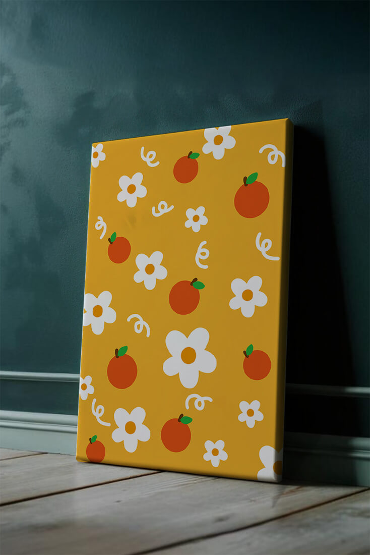 Playful floral and fruity pattern on a vibrant yellow background