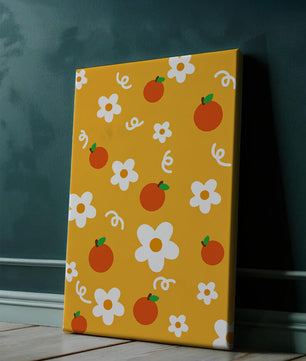 Playful floral and fruity pattern on a vibrant yellow background