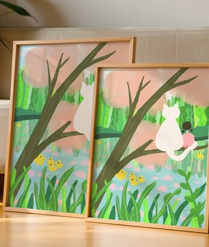 Encantadora ilustración al pastel de una niña y un gato junto a un estanque tranquilo