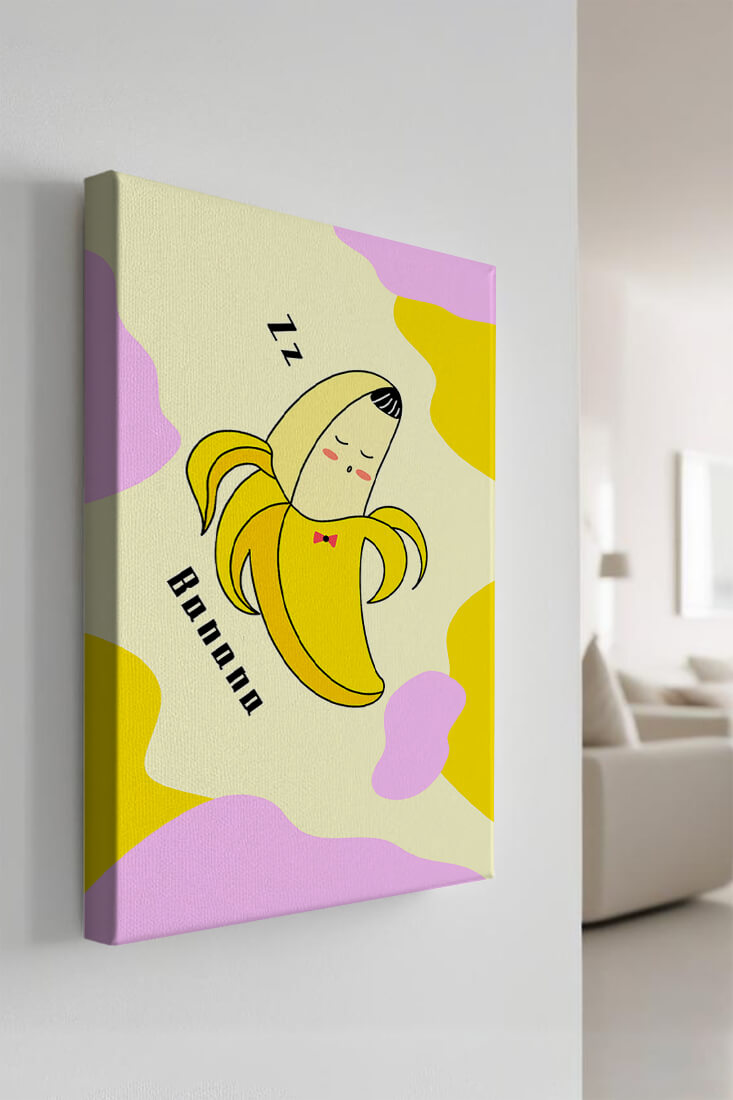 Playful illustration of a sleeping banana with colorful abstract background