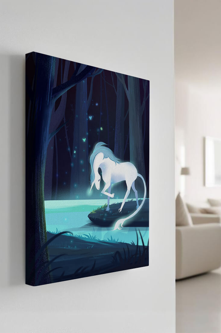 Enchanting night scene with a unicorn by a forest stream