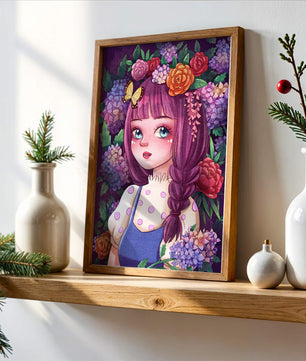 Illustration of a girl with floral crown surrounded by vibrant flowers