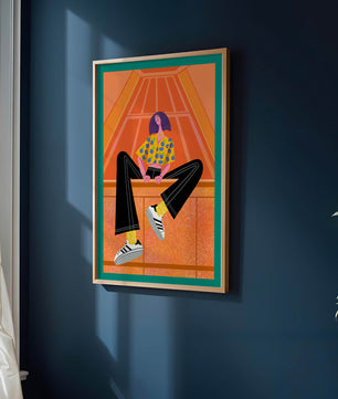Stylish woman sitting in a vibrant geometric setting