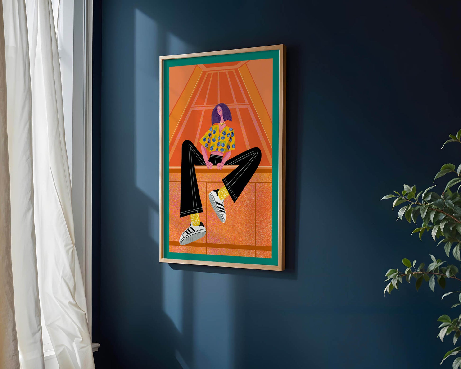 Stylish woman sitting in a vibrant geometric setting