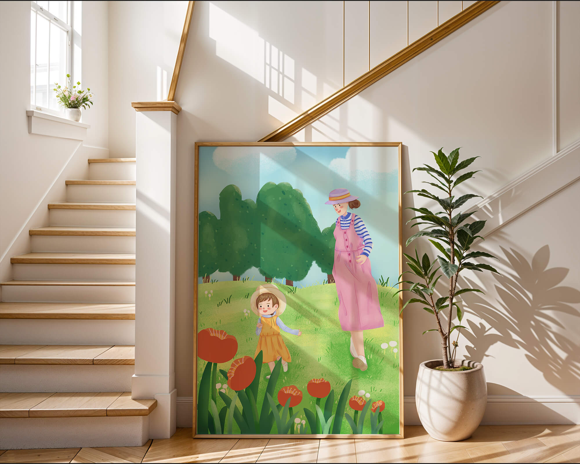 Mother and child in a floral garden under clear skies