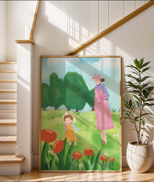Mother and child in a floral garden under clear skies