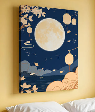 Full Moon Night with Lanterns and Falling Leaves in Tranquil Landscape