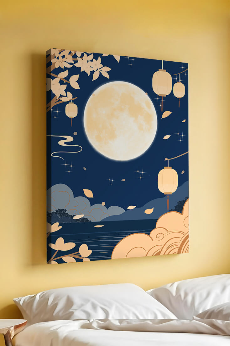 Full Moon Night with Lanterns and Falling Leaves in Tranquil Landscape