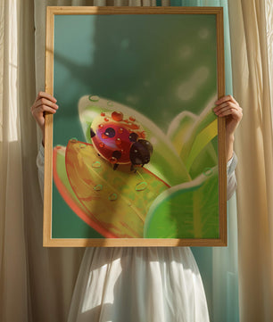 Ladybug on Leaf with Dew Drops in Serene Nature Setting - Mi tienda