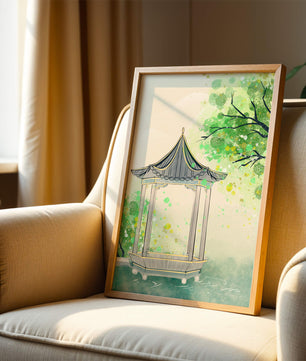 Serene garden pavilion amidst lush green trees and calm waters