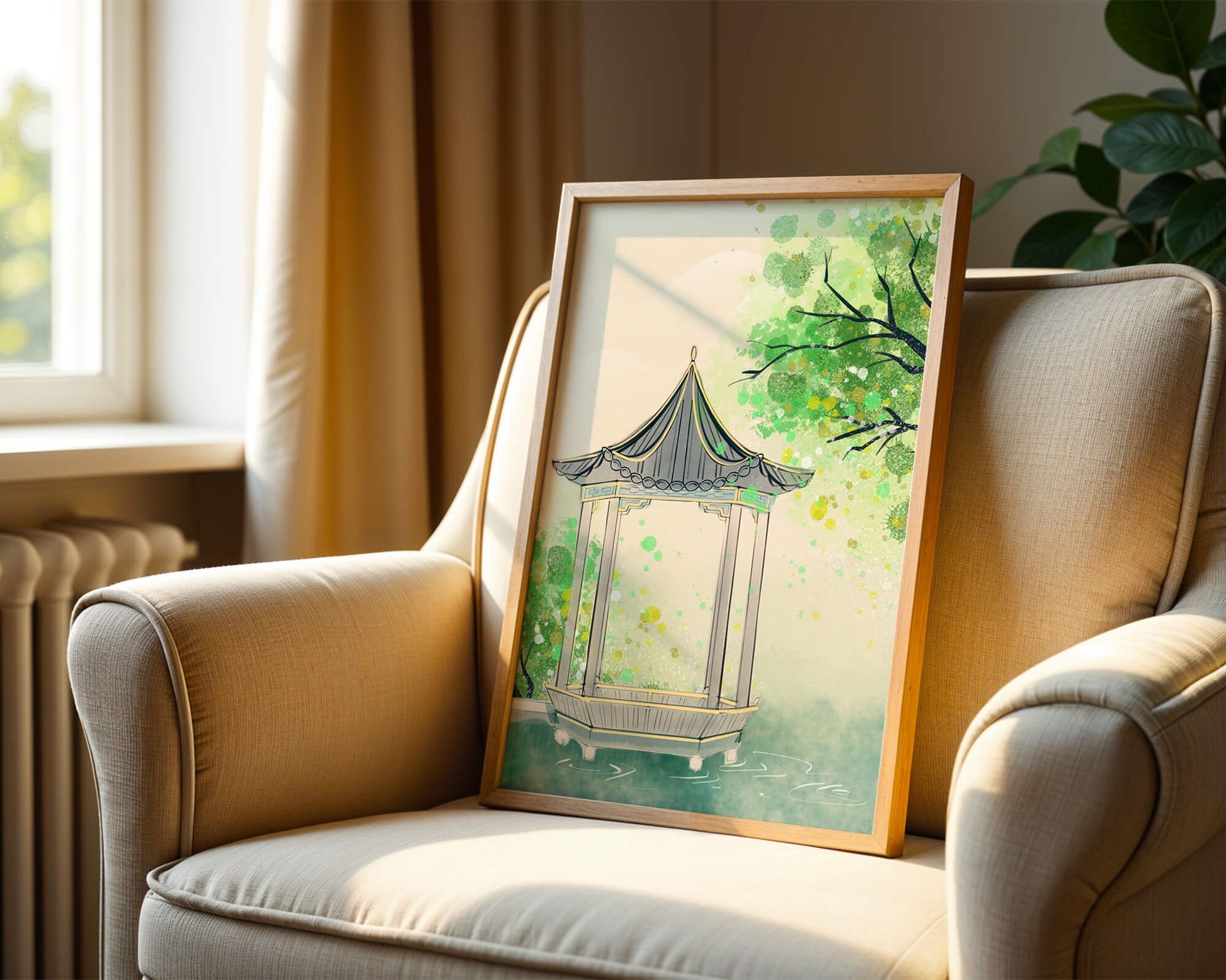 Serene garden pavilion amidst lush green trees and calm waters