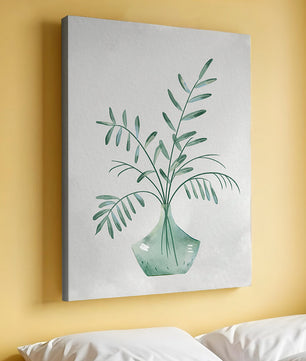 Illustration minimaliste à l’aquarelle de feuilles vertes dans un vase en verre
