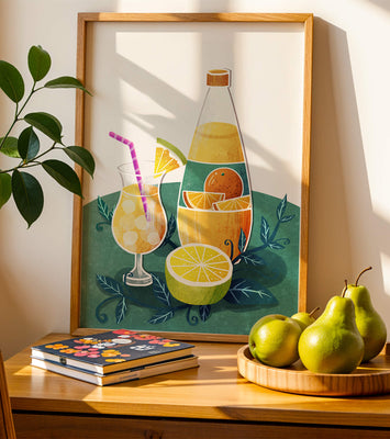 Colorful illustration of citrus drinks with bottle and glass