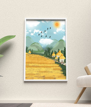 Sunny Countryside With Birds And Golden Fields