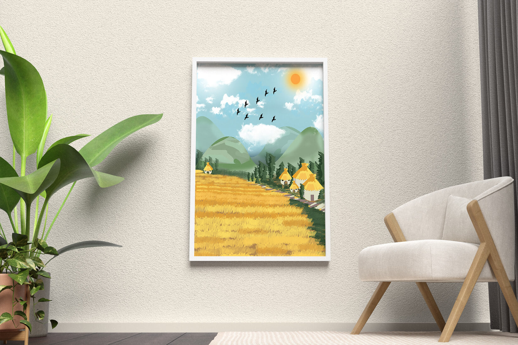 Sunny Countryside With Birds And Golden Fields