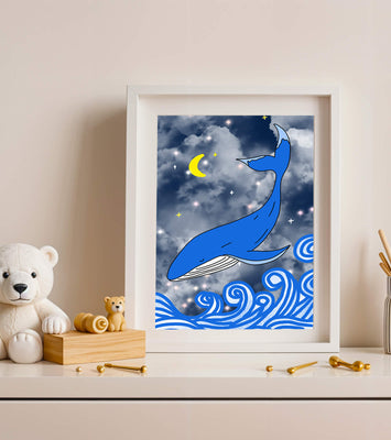 Whimsical blue whale in a starry night ocean scene