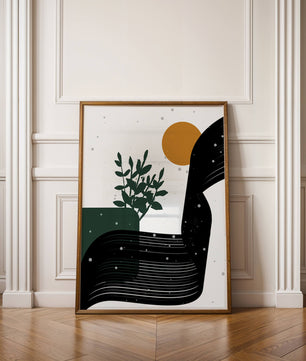 L'œuvre d'art abstraite de la nature avec une silhouette de plante et des formes géométriques