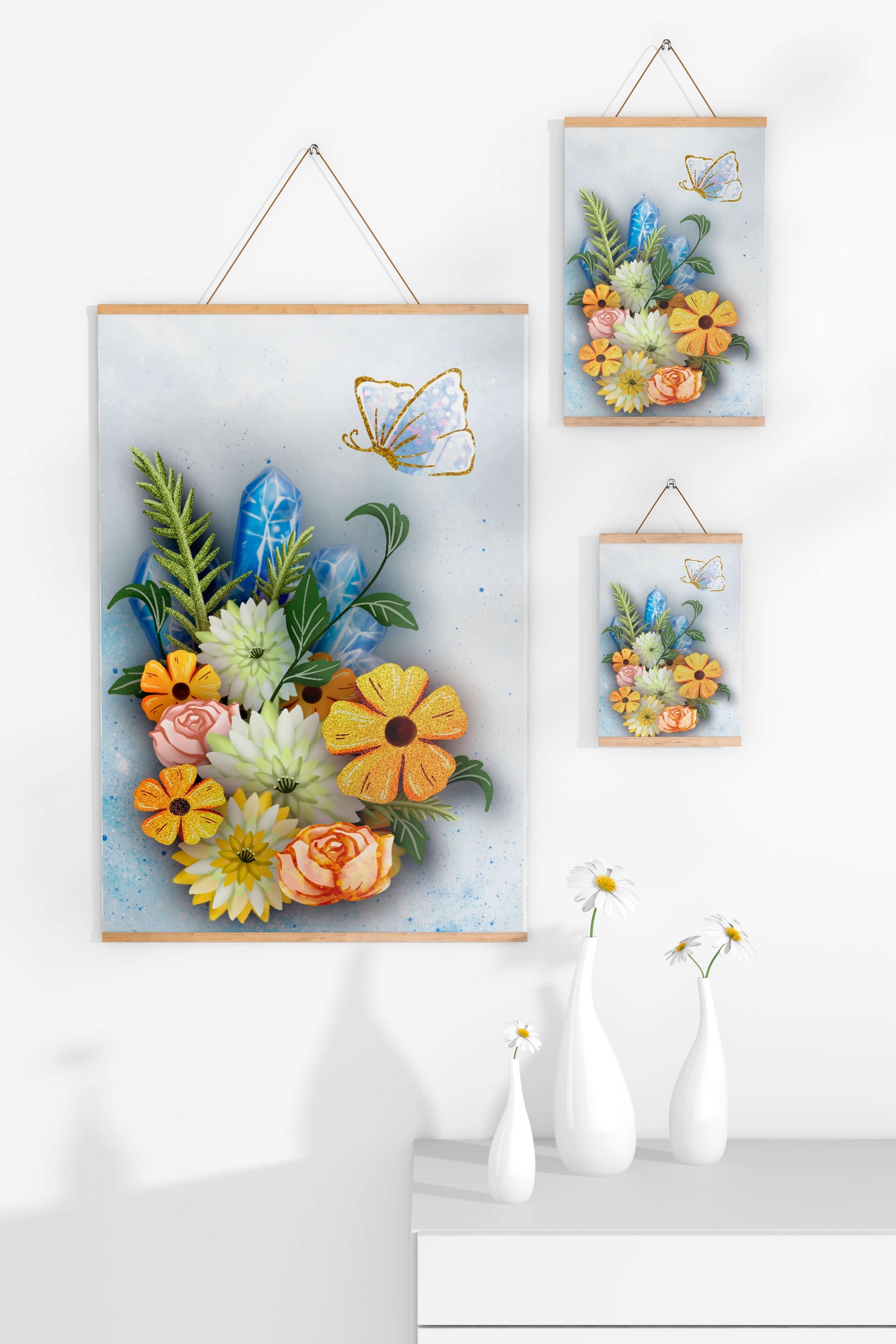 Floral and crystal arrangement with golden butterfly