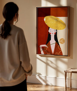 Elegant Woman with a Gold Hat and a Flower on a Red Background - Mi tienda