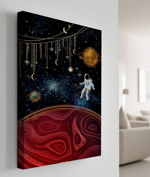 Escena espacial surrealista con astronauta y elementos celestiales