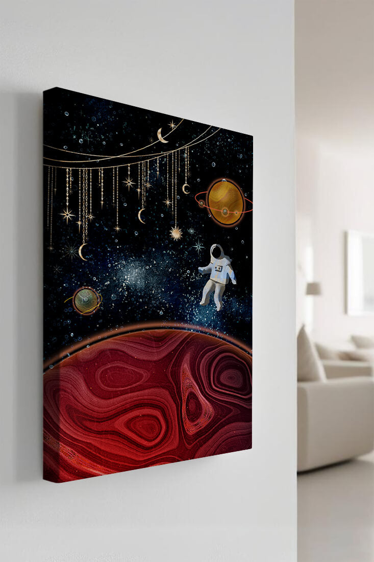 Surreal space scene with astronaut and celestial elements