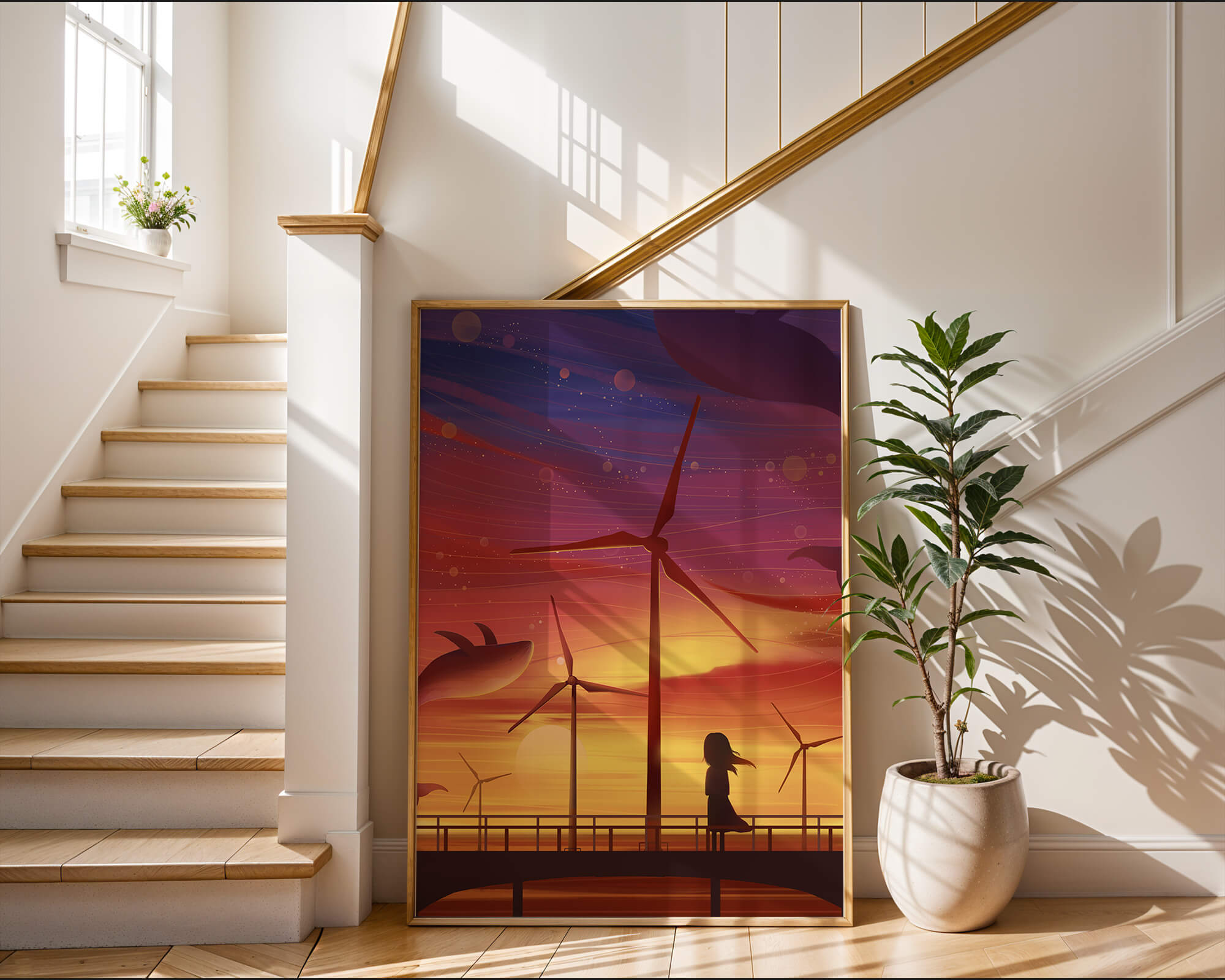 Enchanting sunset scene with wind turbines and silhouette of a girl