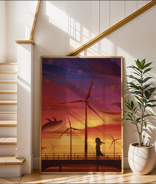 Enchanting sunset scene with wind turbines and silhouette of a girl