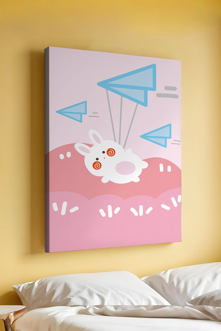Adorable cartoon bunny flying with paper planes on a pink background
