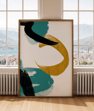 Composición minimalista abstracta con elementos dorados y turquesa
