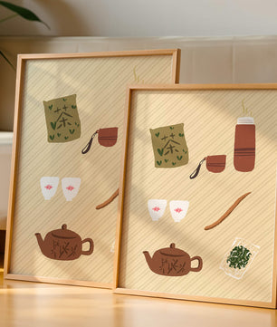 Illustración de un juego de té tradicional con hojas de té y accesorios