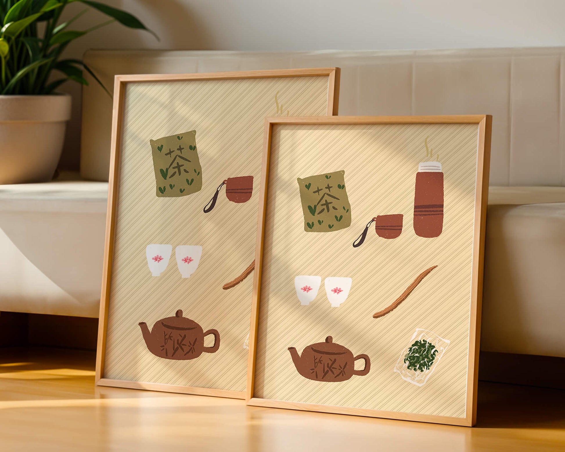 Illustración de un juego de té tradicional con hojas de té y accesorios