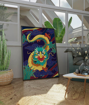 Illustration de dragon coloré avec des nuages ​​et des éléments de feuillage