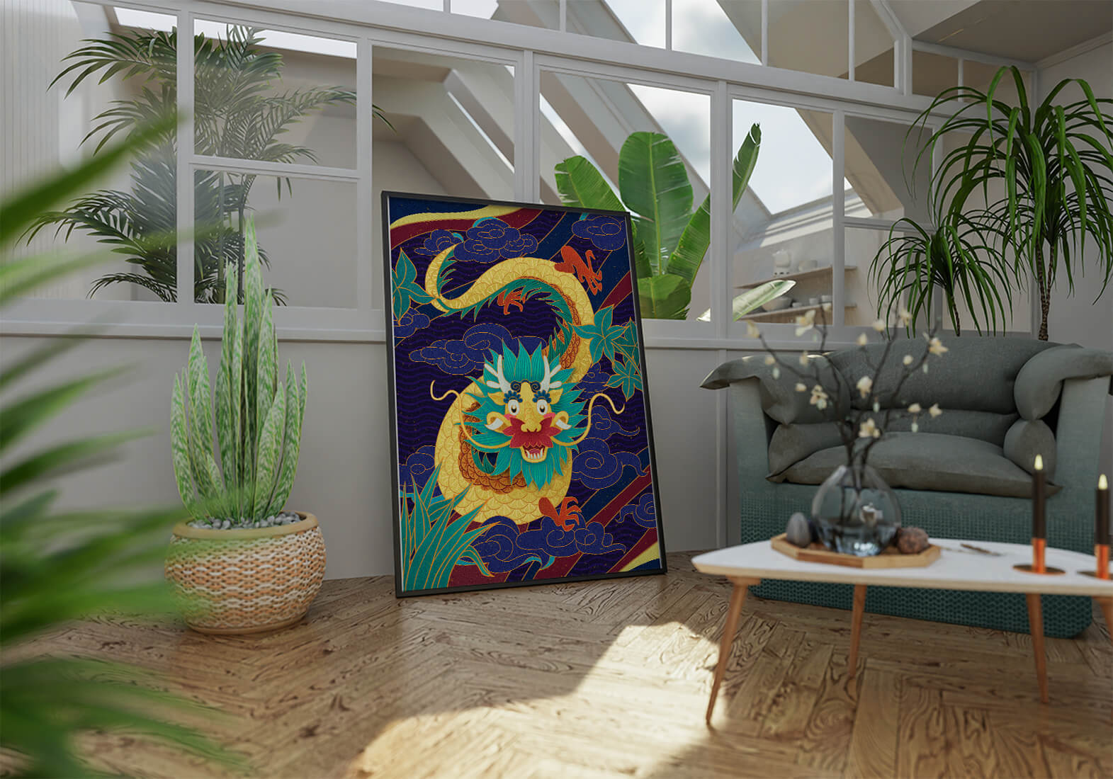 Illustration de dragon coloré avec des nuages ​​et des éléments de feuillage